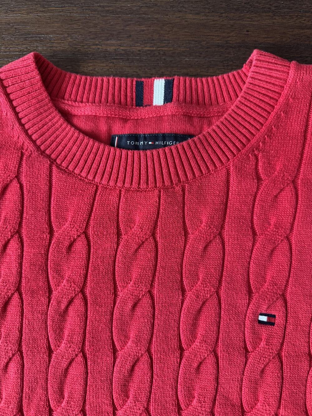 Tommy Hilfiger Sweater Mens Large Red Cable Knit Cotton Crewneck Logo Pullover